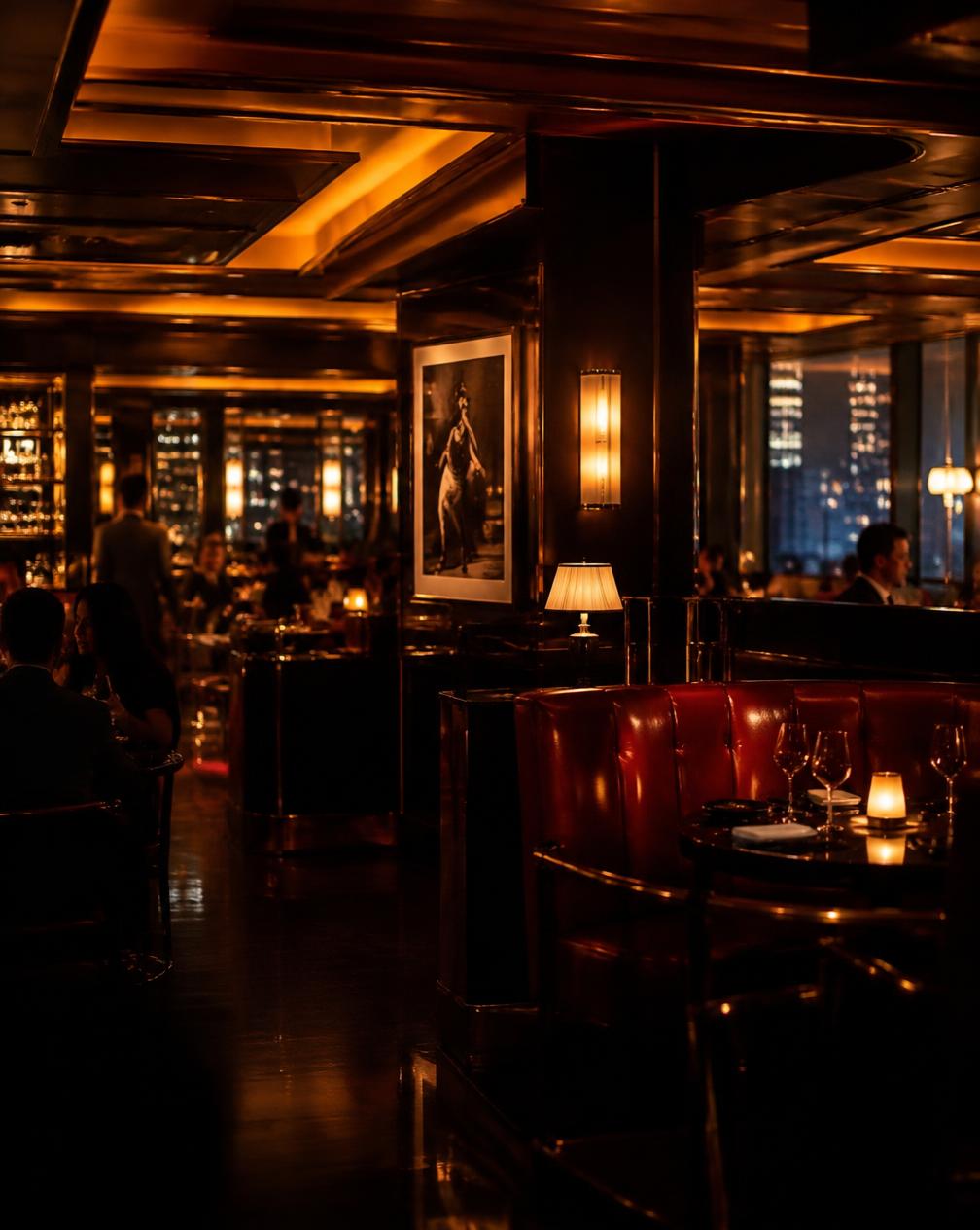 Candlelit dining room with red leather booths